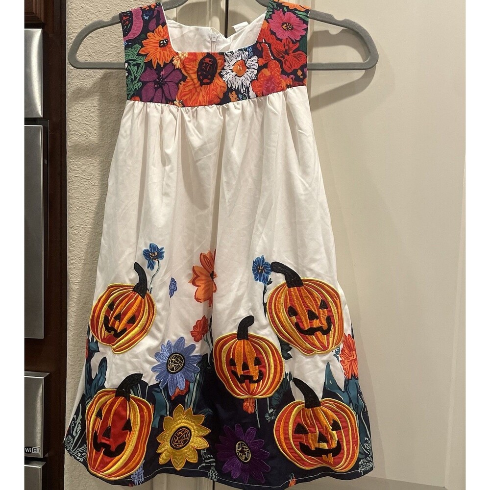 Mini Taylor Kids Halloween Pumpkin Dress 6-7Y Embroidered Floral Fall Boutique